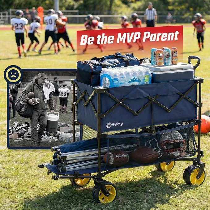 Sekey 500LBS Heavy Duty Double Decker Wagon with Extender, 400L Large Capacity Collapsible Garden Cart Fits 10x10 Canopy, All-Terrain Big Wheels with Brakes, Foldable Utility Wagon for Sports, Camping