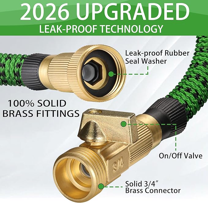 100 ft Expandable Garden Hose-2026 Newly Upgraded Expanding Garden Hoses with 10 Function Spray Nozzle, Extra Strength Fabric, Leak-Proof, Lightweight, Kink-Free Flexible Retractable Hose(Green Black)
