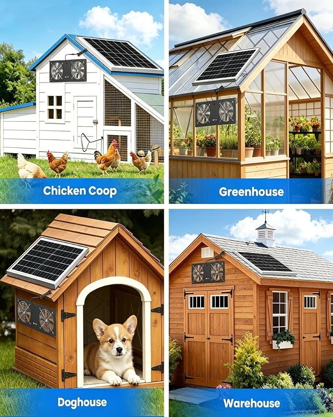 40W Solar Powered Fan with 18000mAh Battery & Timer, Usable At Night | 5" Double-Head Solar Exhaust Fan, Quiet Waterproof High Airflow, for Chicken Coop, Outdoor,Greenhouse,Sheds,Pet Houses