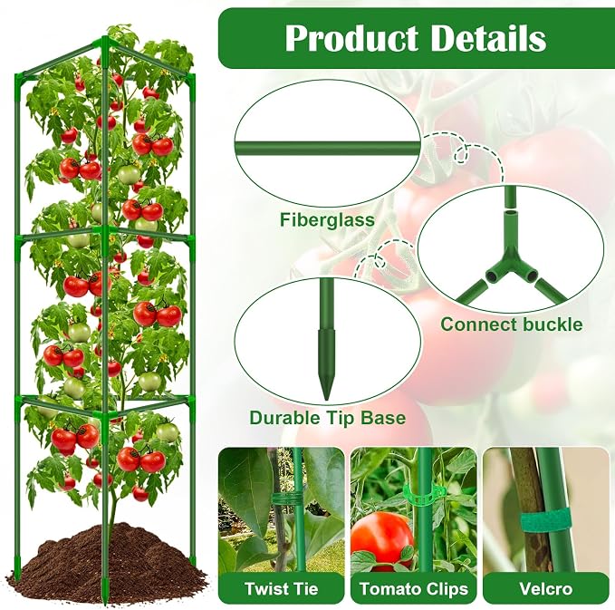 3 Packs Fiberglass Tomato Cages for Garden, 56 Inch Tall Tomato Plant Support, Adjustable Tomatoes Stakes Plant Climbing Trellis for Garden Vegetables Fruits, Tomatoes Support Cages with Clips