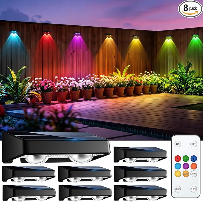Solar Fence Lights Outdoor with Remote, 8 Pack 9 Colors & 11 Lighting Modes Fence Lights Solar Powered Waterproof IP65 Color Changing Solar Lights for Fence Garden Yard Patio Deck Step Wall