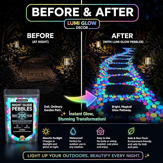 2026 Colorful Glow-in-the-Dark Garden Stones Night Guide Luminous Pebbles Rainbow Glow in the Dark Stepping Rocks Outdoor Landscaping Decor Glowing Stones Fish Tank Aquarium Decorations (200, Green)