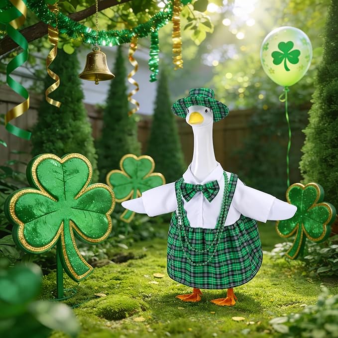 Watayo 4 Pcs/Set St. Patrick's Day Porch Goose Outfits, Lawn Goose Statue Green Plaid Costume, Irish Green Garden Goose Clothes Dress Hat and Bead Necklaces for 23" High Statue Patio Yard Decor