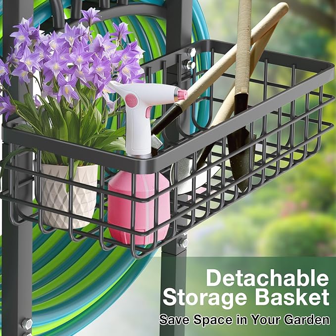 Qatsrin Upgraded Garden Hose Holder with Large Basket, Heavy Duty Water Hose Holder Supports 160-ft Hoses, Freestanding Detachable Hose Stand Storage Reel Hanger Rack for Yard Lawn Farm