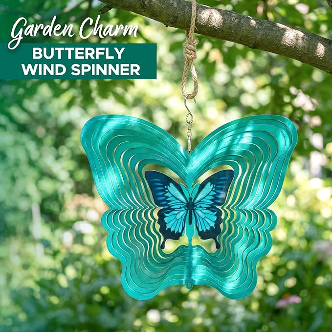 ISEO Butterfly Wind Spinner for Yard and Garden, Hanging Outdoor Decor, Yard Art, Porch and Patio Decorations, Metal Wind Spinners Outdoor, Weather Resistant, 12”