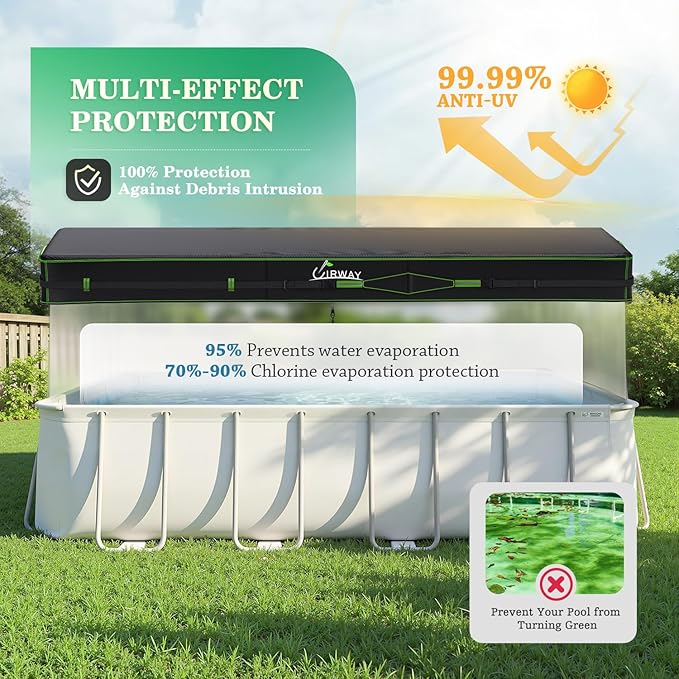 UIRWAY 500D Pool Cover 9x18FT Rectangular [2026 Upgraded Heavy Duty Fabric] Solar Pool Covers for Above Ground Pools, Swimming Pool Covers Including Windproof Straps and Luminous Ground, UV Resistant