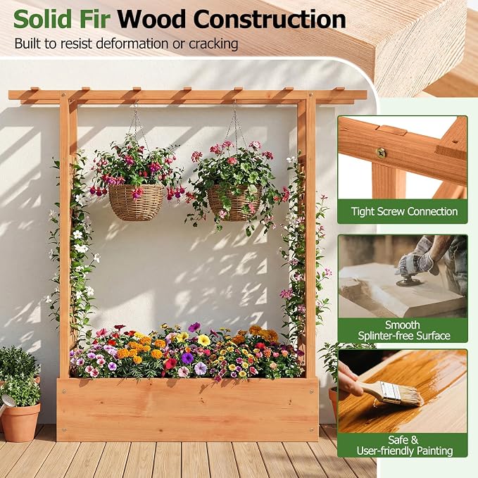 HAPPYGRILL Raised Garden Bed with Trellis & Hanging Roof, 45" Tall Wooden Planter Box with Drainage Holes, Outdoor Wood Elevated Garden Bed for Climbing Plants Vines Vegetables Flowers (Orange,2)