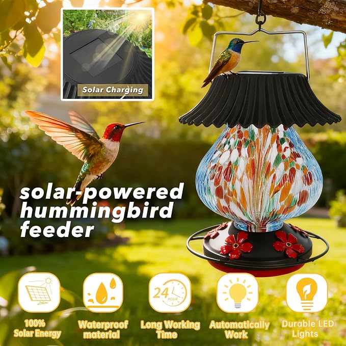 Solar Hummingbird Feeder-5 Feeding Ports with Perch, Hand Blown Glass Blue Spark Color Changing-Never Leak, Multicolor Night Lights – Perfect Hummingbird Feeder for Outdoors for Nature Enthusiasts