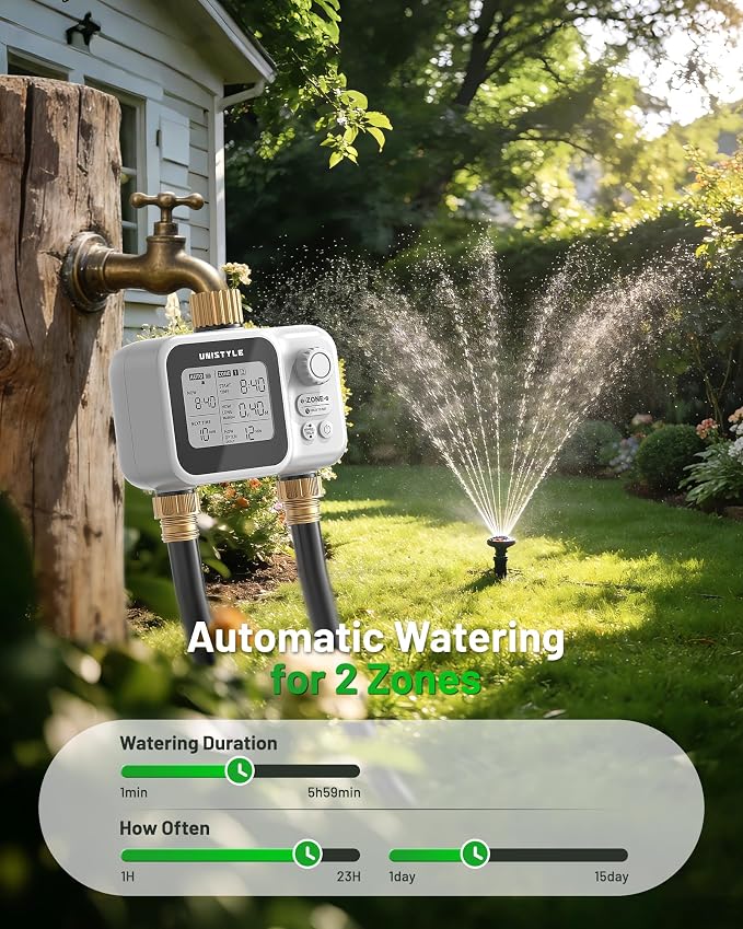 [All-New 2027] 2 Zone Ball Valve Sprinkler Timer Brass Inlet, Low-Pressure Starts at Zero Pressure, Unistyle Water Timer for Garden Hose, Rain Delay, Manual Control, Automatic Irrigation Hose Timers