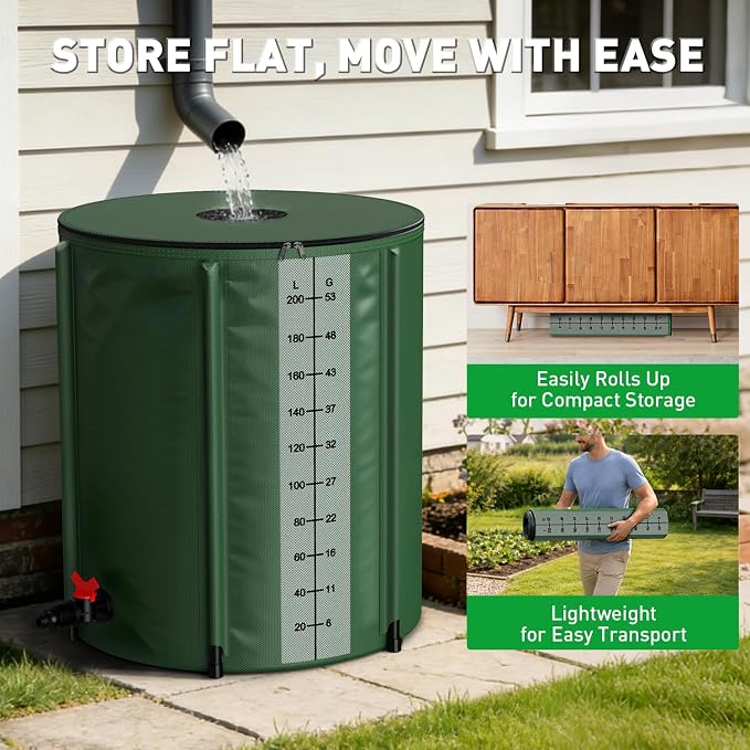 Yesker Collapsible Rain Barrel, 53 Gallon Portable Rainwater Collection System, 550D PVC Water Storage Tank, Rain Catcher with Spigots Filter Overflow Kit, Green