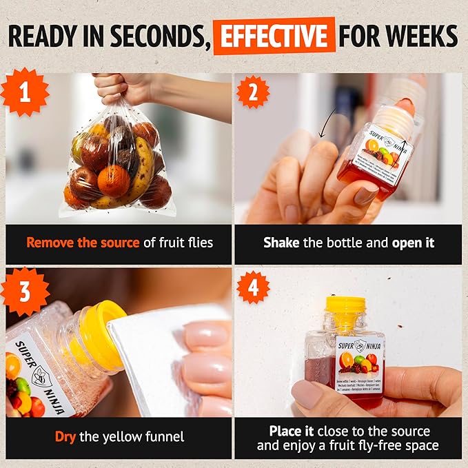 Super Ninja Fruit Fly Traps for Indoors - 6 Pack, Highly Effective Fruit Fly Catcher for Indoor Use for Home & Kitchen, Up to 3 Weeks of Performance per Bottle, Kid & Pet Friendly
