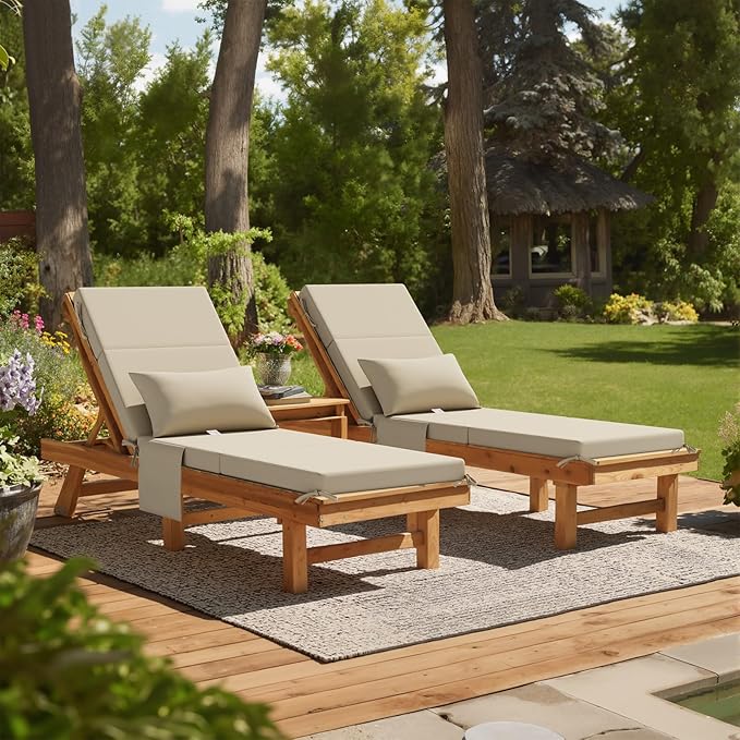 Sunbrella Foldable Outdoor Chaise Lounge Cushions with Head Pillow and Side Pockets,Water Repellent & Fade Resistant Lounge Chair Cushion, 72''L x 21''W, Set of 2, Canvas Antique Beige