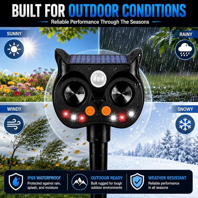 New Solar Animal Repellent Ultrasonic Outdoor for Deer Cat Skunk Squirrel Racoon Fortress Pro Animal Repeller Deterrent Devices with LED Strobe,Motion Sensor,Adjustable Volume and Modes for Yard,2 Pcs