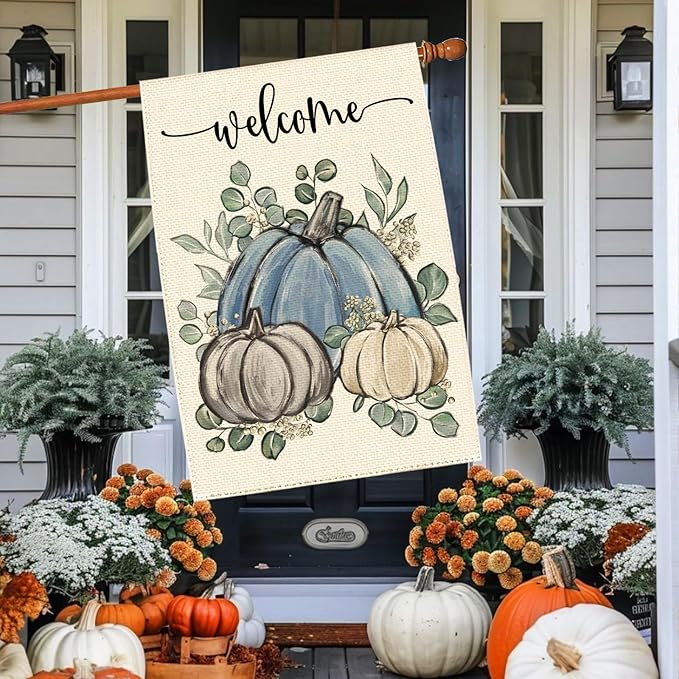 Fall Thanksgiving Blue Pumpkin Garden Flag 28 x 40 Inch, Autumn Grateful Eucalyptus Burlap Double Sided Welcome Large Flag Yard House Farmhouse Seasonal Holiday Patio Outside Decoration