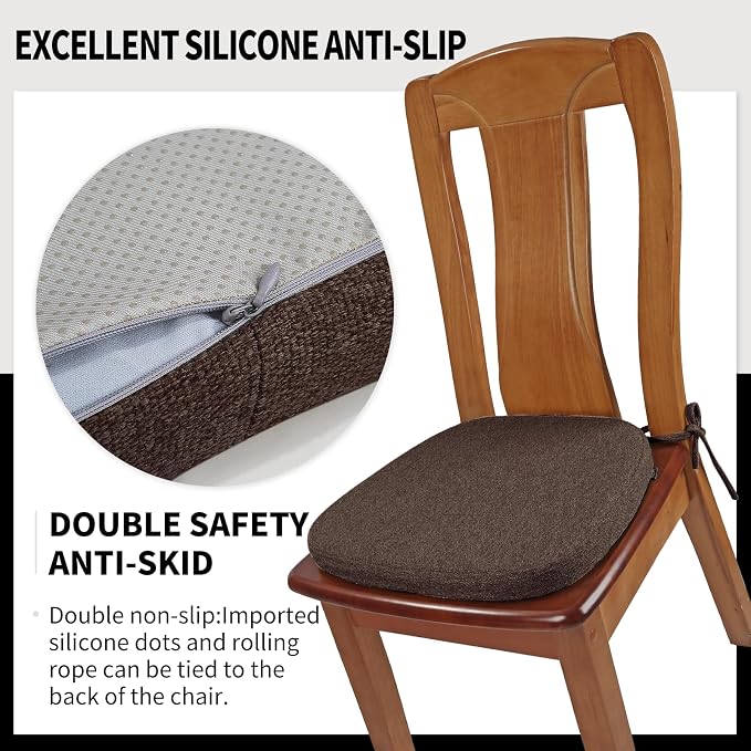 SINOSSO 4 Pack Memory Foam Chair Cushions for Dining Chairs, Friendly Woven Fabric 16" U-Shape Comfortable Kitchen Chair Pads, Removable Slip Resistant Seat Cushions (Set of 4, Dark Brown)
