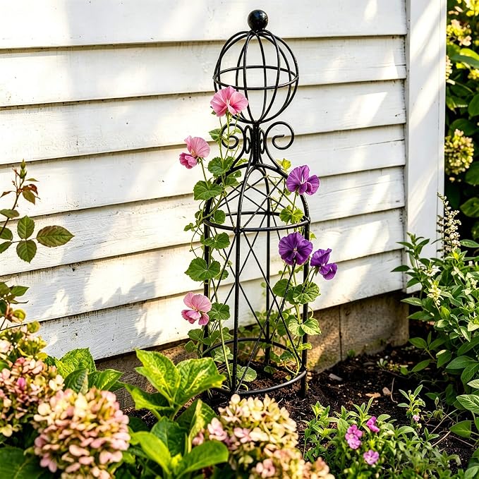 2-Pack Metal Garden Obelisk Trellis, 28" Geometric Sphere Plant Support | Tool-free assembly; fits 9–12in planters, metal obelisk for roses clematis mandevilla vines, 2-pack black outdoor décor