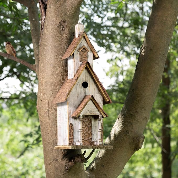 Glitzhome Bird Houses for Outdoors,23.62" H Church Birdhouse Rustic Tall Hand Painted Wooden Bird House White Extra-Large Bird House for Outside
