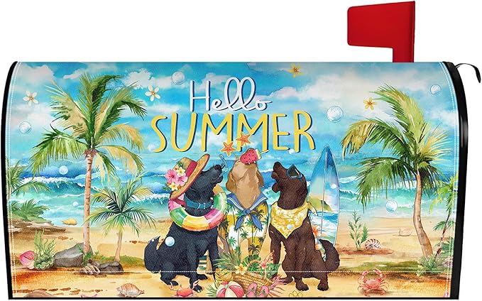 Summer Dog Mailbox Covers Magnetic Hello Summer Mailbox Cover Seasonal Post Letter Box Cover for Garden Yard Decor 25.5x21 Inch