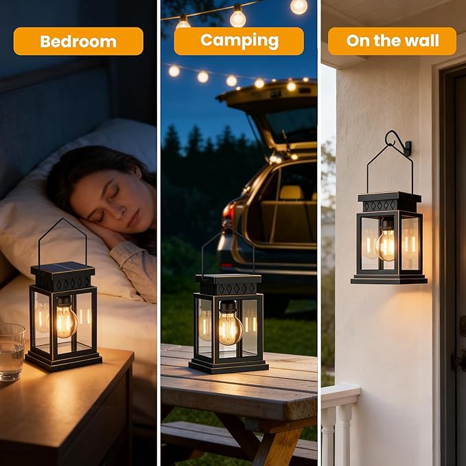 2 Pack Farmhouse Solar Lanterns ,Glass Solar Lights Bulb ,Outdoor Waterproof Upgraded Solar and 2 AA Batteries Powered, for Outside Porch, Patio and Indoor Tables, Mantelpiece.