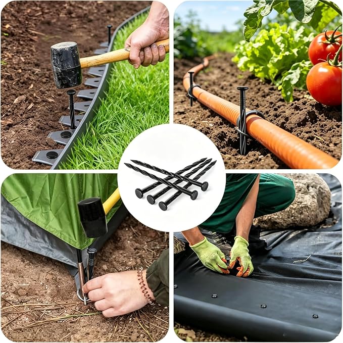 100 PCS Landscape Edging Stakes, Plastic 8-Inch Garden Anchoring Spikes, Spiral Nylon Spikes for Garden Lawn Yard Paver Edging, Weed Barriers, Artificial Turf, Tent Accessories, Grass Pathway