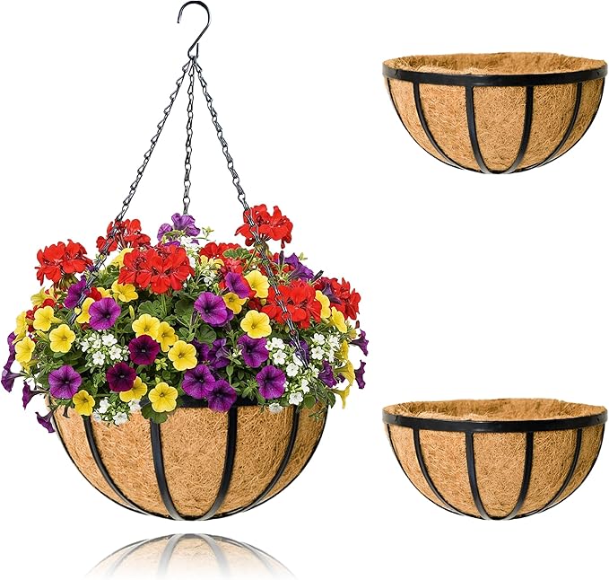 2 Pack 14 Inch Hanging Planters for Outdoor Plants Metal Hanging Planter Basket with Coco Coir Liner Round Plant Black Flat Iron Metal Flower Pots for Deck Patio Porch Garden Balcony