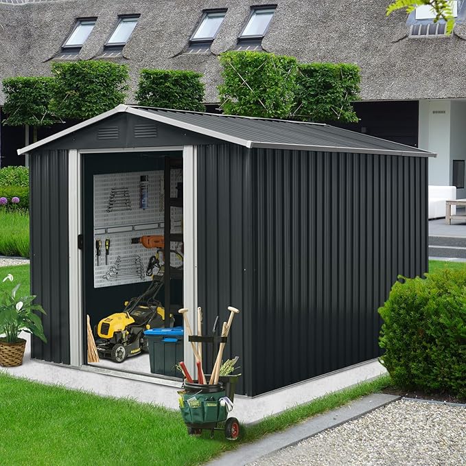 KEIKI 8x10 FT Outdoor Metal Storage Shed with Peaked Roof,Vents and Lockable Sliding Door for Garden Yard Lawn