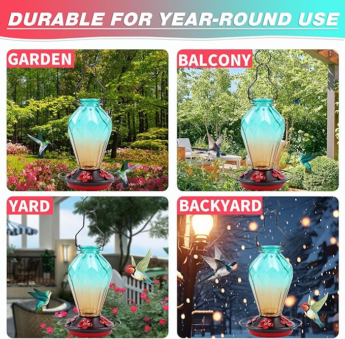 Glass Hummingbird Feeder for Outdoors Hanging, 25Oz Humming Bird Nectar Feeder, Perch, 5 Flower Feeding Ports, Leak Proof Base, Hook for Outside Garden Backyard, Gift for Women, Diamond Green
