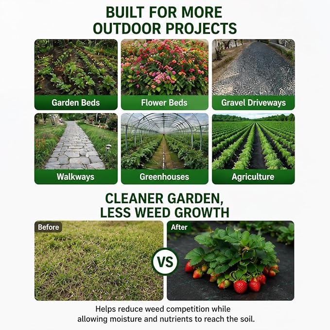 HOOPLE 3ft x 30ft Heavy Duty Weed Barrier Landscape Fabric – Commercial Grade Non Woven Ground Cover for Weed Control, Garden, Driveway & Erosion Prevention – High Permeability & Easy to Cut