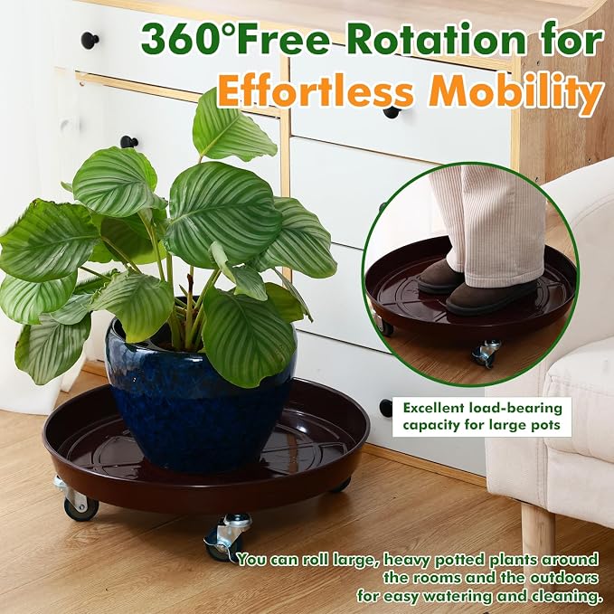 Planterhoma 3 Packs 18 Inch Metal Plant Caddy with Wheels Extra-large Rolling Plant Stand Heavy-duty Iron Plant Dolly Casters for Indoor Outdoor Flower Pot Mover Roller Coasters, Dark coffee