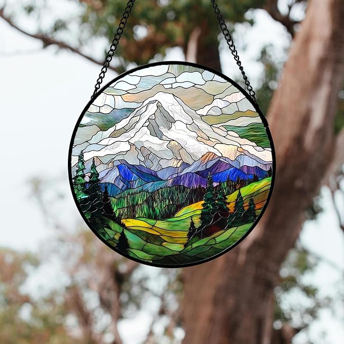 DASTOLL Stained Glass Window Hanging 4 Pcs Set Mountains Lake Green White Landscape 6.3" - Suncatcher Door Garden Sun Catcher Decor Birthday Christmas for Mom Woman Nana Men