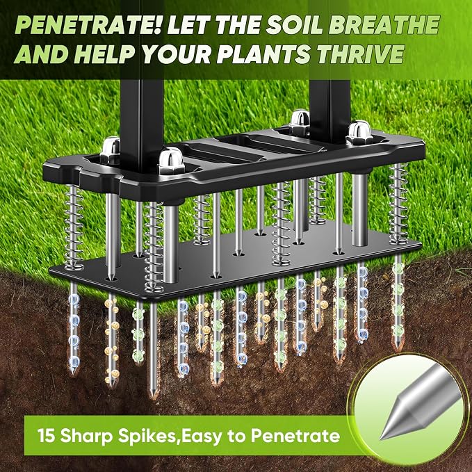 Sakerplus Aerator Lawn Tool, Spike Lawn Aerator with Auto-Return Self-Cleaning Tines, Anti-Fatigue Comfort Pad, Reinforced Anti-Breakage Joints, 15 Steel Tines for Garden Healthy Grass Aeration-Orange