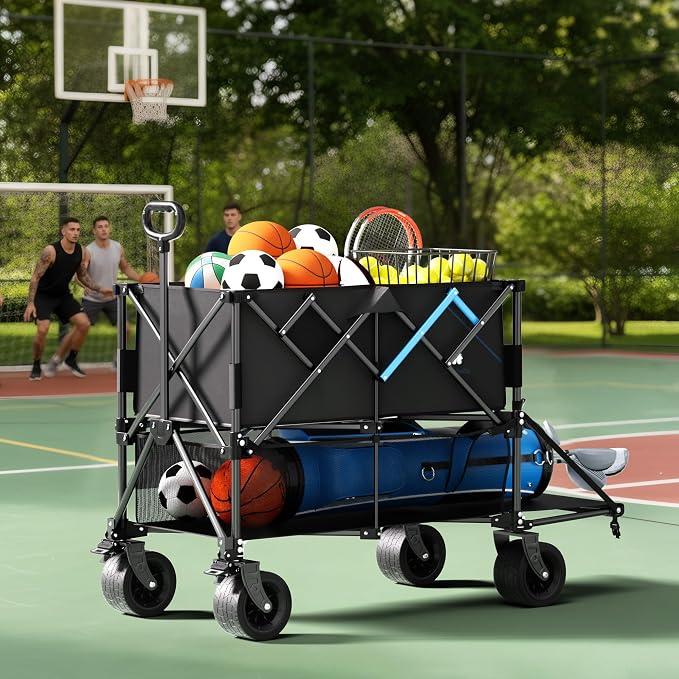 52" Heavy Duty Double Decker Wagon, 650L Collapsible Folding Wagon Cart with Brakes, 560 lbs Load, All-Terrain Big Wheels for Camping, Fishing, Sports and Transport, Black