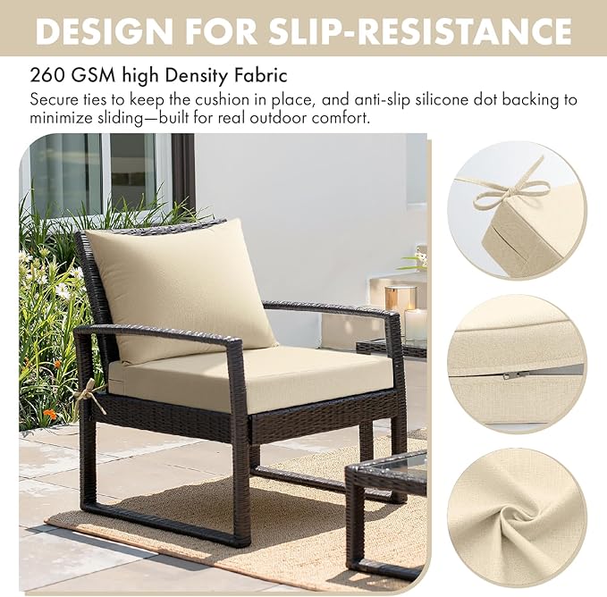 MIULEE Beige Outdoor Seat Cushion Set 24x24 Inch Linen Textured Waterproof & 3 Year Color Fastness Seat and Back Cushion with Ties No Slip Design for Patio Furniture Chair Sofa Couch
