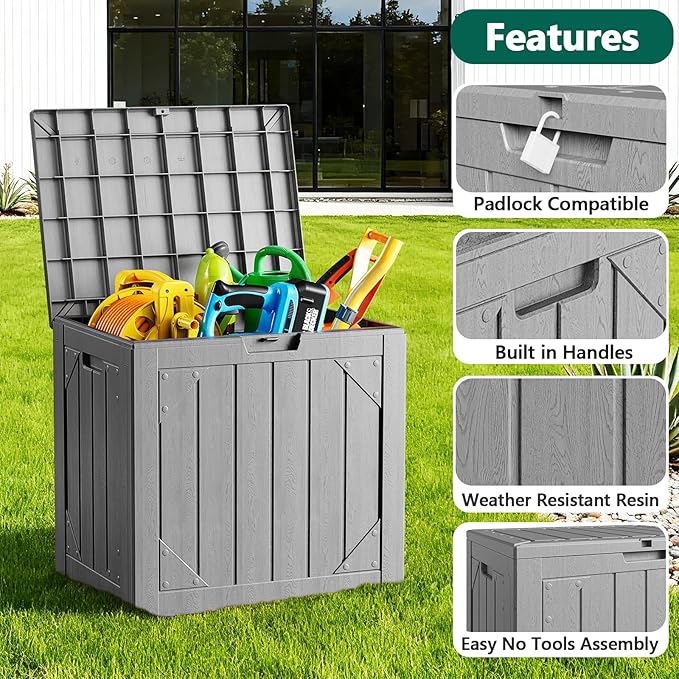 Outdoor Storage Box, 31 Gallon Lockable Waterproof Deck Storage Box, Yard Storage Bin, Suitable for Gardens, Gray