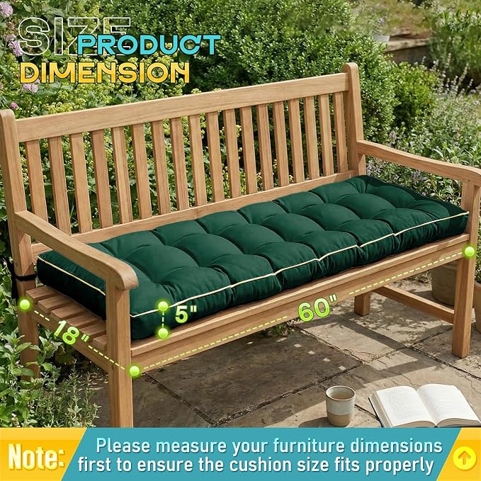 Outdoor Bench Cushion, Tufted Patio Seat Pad for Garden Bench, Porch Swing, Indoor/Outoor Furniture (Green, 60X18X5)