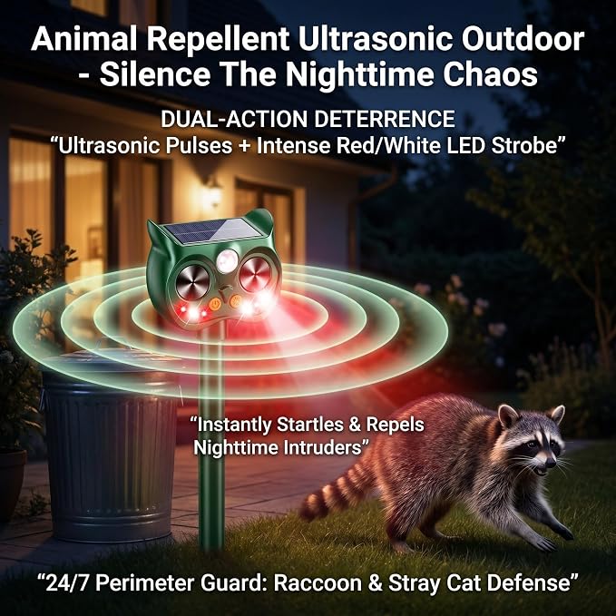 2Pack Upgraded Deer Repellent Devices Solar Ultrasonic Animal Repellent Outdoor with Motion Sensor Strobe Light for Squirrel Raccoon Rabbit Cat Bird Volume Control Keep Pests Out of Yard Farm