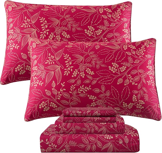 QSH Floral Queen Size Sheet Sets - 100% Egyptian Cotton Sheets Elegant Red Flower Pattern Botanical Printed Bedding Sheets Queen Size Bed Extra Soft and Breathable 4pcs Deep Pockets Bed Sheets