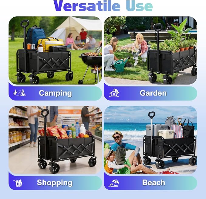 500LBS Collapsible Wagon Cart Foldable - 230L Large Heavy Duty Utility Cart with 360°Swivel Brake Wheels, Lightweight Collapsible Wagon for Groceries Camping & Beach