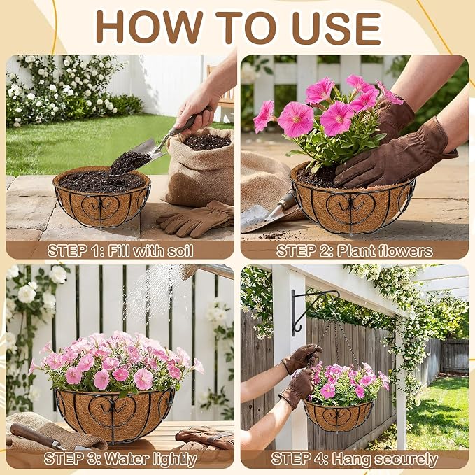 10 inch Metal Hanging Baskets for Plants Outdoor, 4 Pack Metal Wire Hanging Basket Planter with Coco Liner Flower Pots for Indoor Outdoor Garden Porch Patio, Heart-Shaped