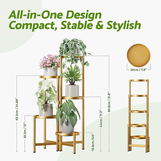 Gold Stand Plants, 5 Tiered Plant Stand Indoor for Multiple Large Planter, Tall Heavy Duty Adjustable Folding Rack with Rustproof 7.9 Inch Wide Tray, Plant Shelf for Corner - GoldDisk