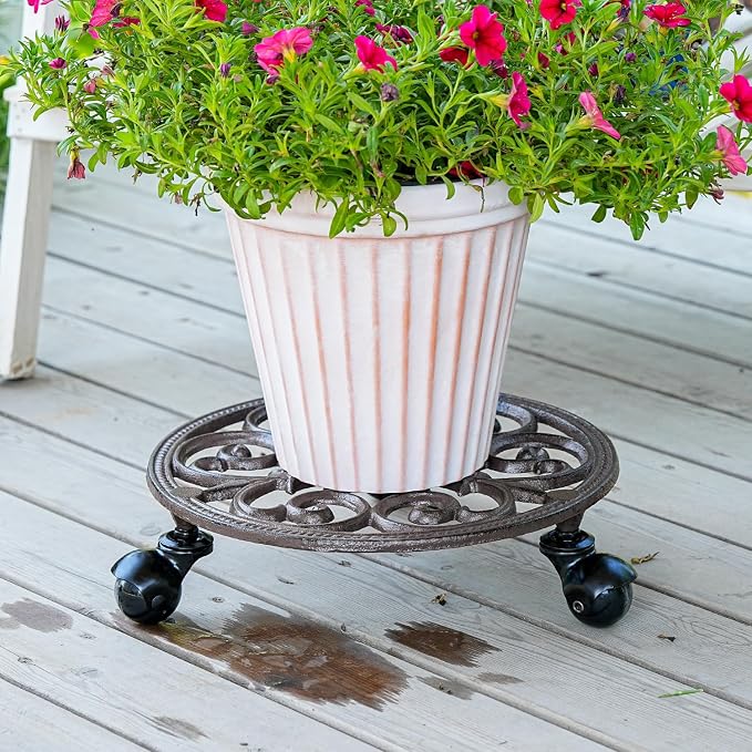 Sungmor Heavy Duty Cast Iron Plant Caddy,11" Round Potted Plant Stand Flower Pot Rack on 3 Solid Wheels,Indoor Outdoor Planter Holder Trolley Casters Rolling Tray