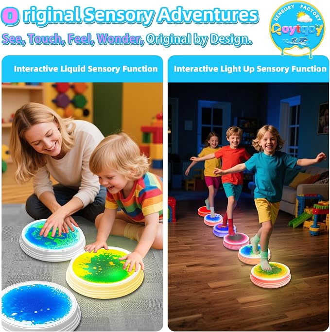 Light Up Stepping Stones for Kids Ages 3+, Sensory Stepping Stones with 7 Glow Colors & Liquid Motion, Non-Slip Toddlers Balance Toys for Coordination & Obstacle Course(3 Pack, Round)