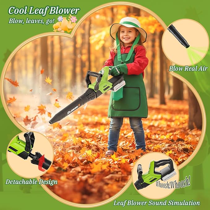 UPGRADED Kids Tool Set, 3-IN-1 Toddler Power Garden Tools with Sounds & Lights, Volume+/-, Toy Weed Wacker, Leaf Blower & Hedge Trimmer, Hat, Gloves, Apron, Toy Tools Christmas Birthday Gifts for Boys