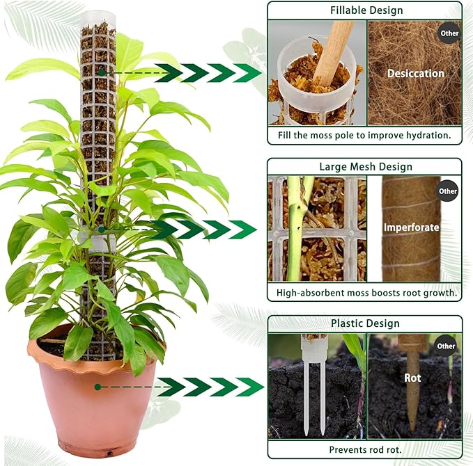 Small Moss Pole for Monstera - Stackable & Refillable Plastic Moss Poles for Climbing Plants with Large Mesh Design (12Pack-White-Small)