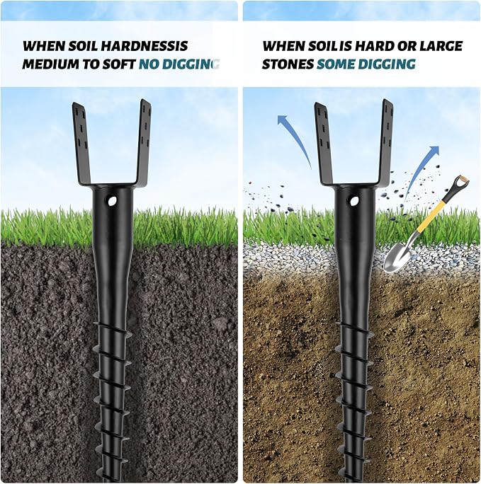 No Dig Ground Screw Anchor - Black U Shaped Post Stake for 4x4 Wood Posts, Includes Lag Bolts & 27" Rebar, for Mailbox Posts and Fence Posts Anchor, 2 Pack