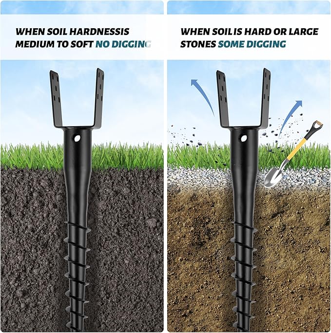 No Dig Ground Screw Anchor - Black U Shaped Post Stake for 4x4 Wood Posts, Includes Lag Bolts & 27" Rebar, for Mailbox Posts and Fence Posts Anchor, 1 Pack