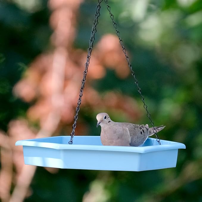 Combo Café 2-in-1 Recycled Plastic Bird Feeder and Bird Bath for Wild Birds and Outdoor Décor, Hanging Bird Bath and Tray Feeder with Chains Included, 1.5 Quart Capacity, Blue