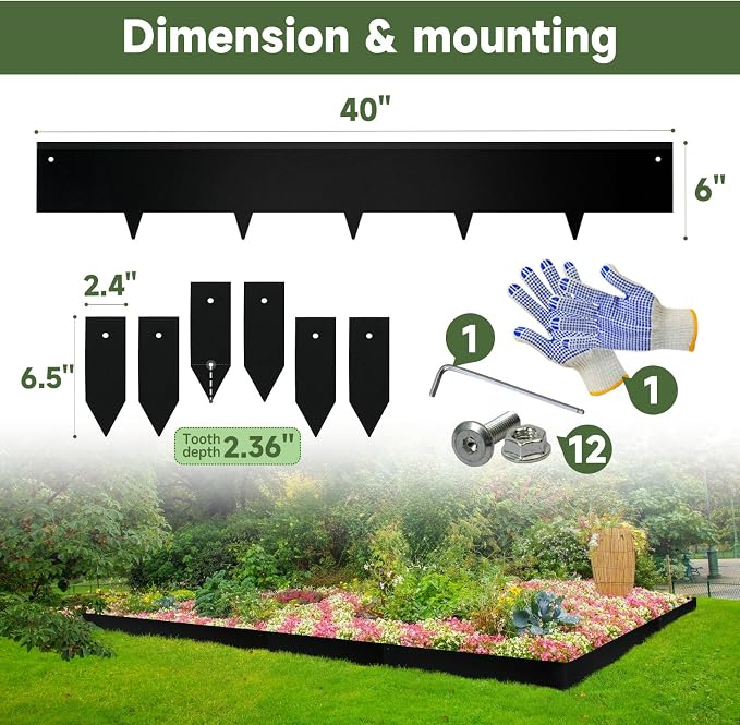 Steel Landscape Edging - 40" LX 6" H Metal Garden Edging - Landscape Lawn Edging - 20FT Total 6 Pcs - No-Dig Hammer Heavy Duty Metal Edging Bendable Border Strips for Lawn Yard Black GJWCVL - 6 Clips