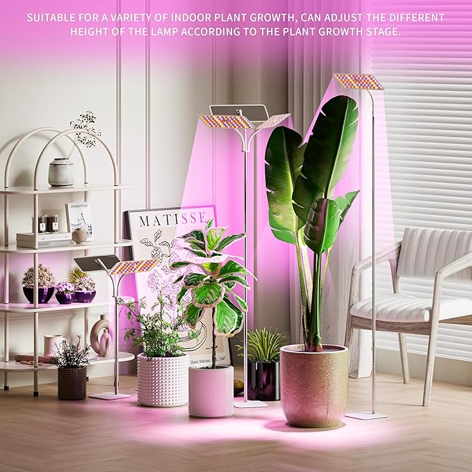KINGPLUS Grow Lights with Stand, Double Head, Full Spectrum LED Grow Light for Indoor Plants, 240 Leds, 4 Dimmable Levels, Timer 4/8/12h, 12-60inches Height Adjustable, 36w, Ideal for Desk Small Plant