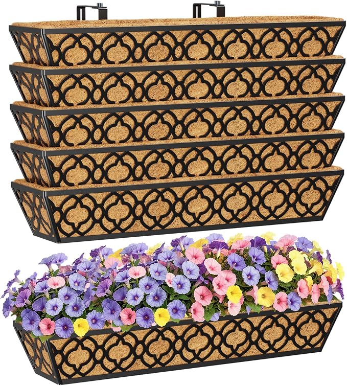 HFHOME 30 Inch Railing Planter Box with Coco Liners and Adjustable Brackets for Porch, Fence, Patio, Balcony Hanging Flower Railing Baskets, Outdoor Garden - 6 Packs